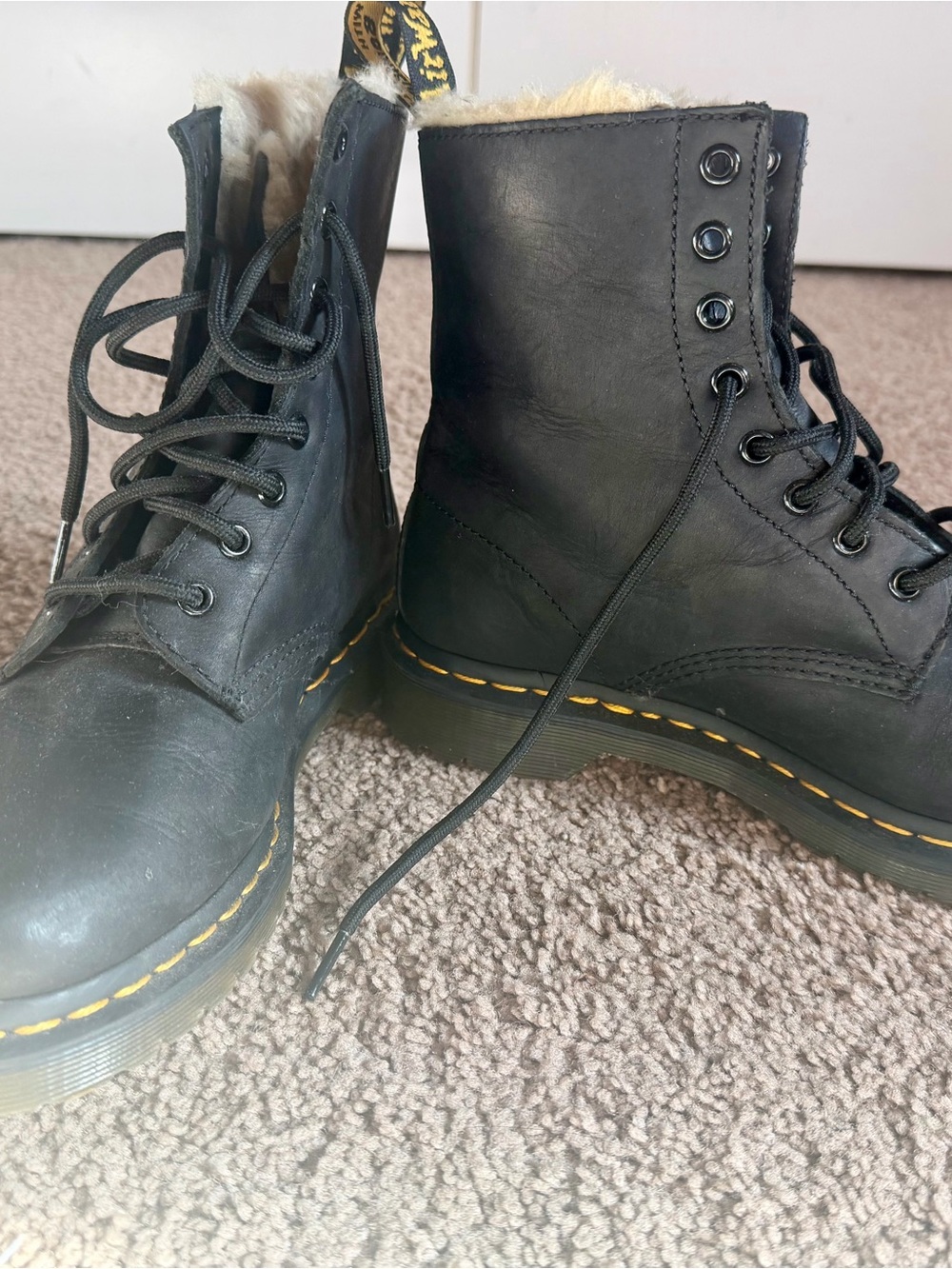 Dr. Martens Black Lace-Up Faux-Fur Ankle Boots with Yellow Stitching